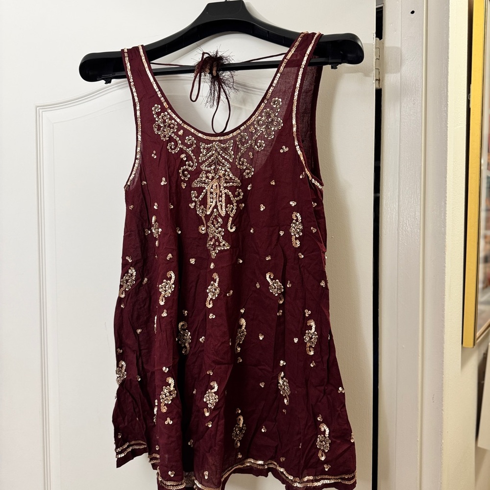 Free People Embroidered Burgundy Mini Dress